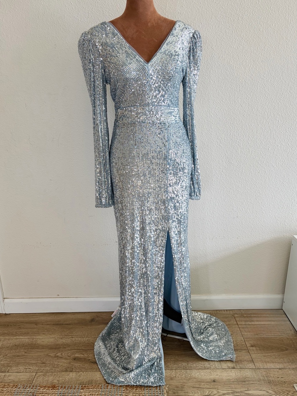 Xscape Silver Sequin Long-Sleeve V-Neck Gown